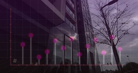 Digital Graph Overlay on Modern Building & Cloudy Sky