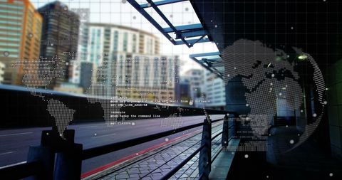 Digital World Map Overlay with Data Network Concepts Downtown