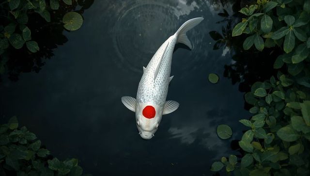 Tancho white koi gliding in reflective garden pond with red head spot and iridescent fins