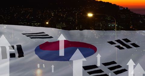 South korean flag over cityscape with upward arrows for growth