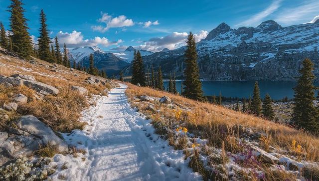Winding snow-covered alpine trail leading toward snow-capped peaks over crystal lake