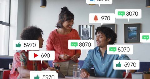 Leading team collaboration with social media notifications in modern coworking workspace