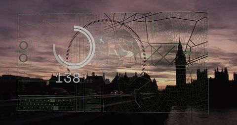 Futuristic HUD Overlay with Urban Skyline at Dusk