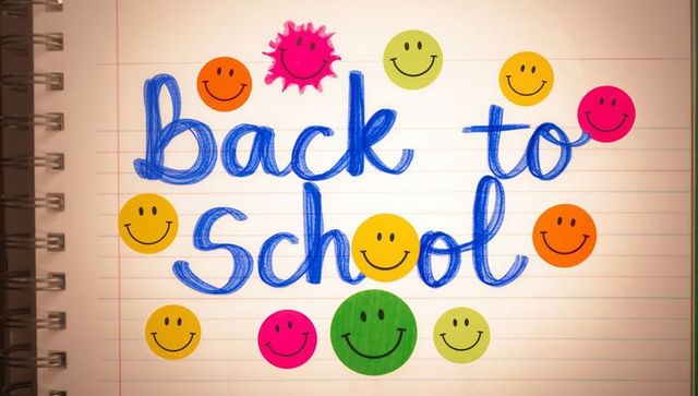 Colorful back to school notebook with smiley stickers