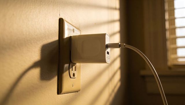 White USB Wall Charger Plugging Into Outlet Near Window Casting Golden Blinds Shadows