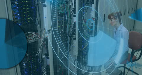 Cybersecurity in Modern Server Room with Data Overlay