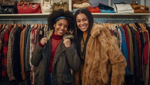 Smiling friends trying on winter coats in boutique, styling olive parka and tan faux-fur