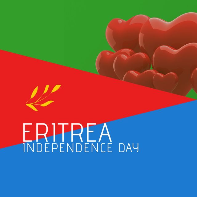 Eritrea independence day text and multiple red heart icons over eritrea flag design background. eritrea independence day awareness and celebration concept