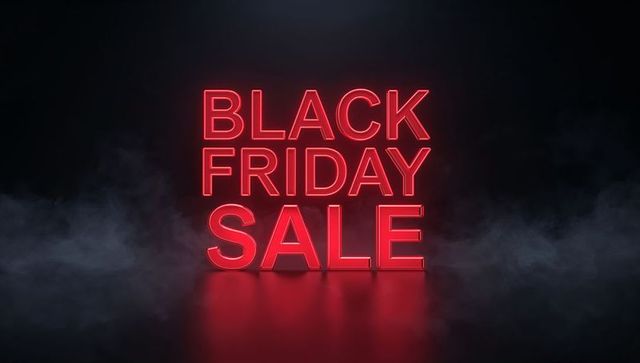 Red neon black friday sale sign with fog and glossy reflection for retail promotion