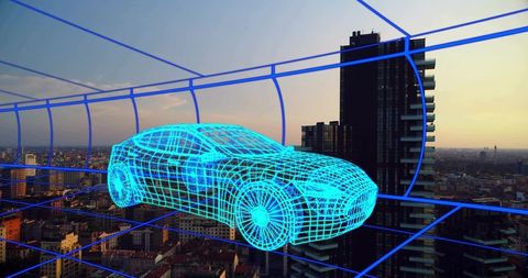 Futuristic cyan wireframe car hologram hovering over urban skyline sunset with neon grid