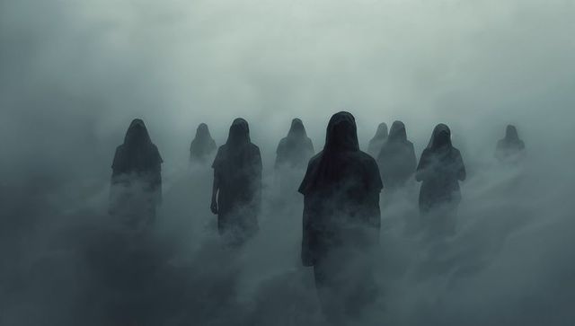 Mysterious hooded figures in foggy atmosphere