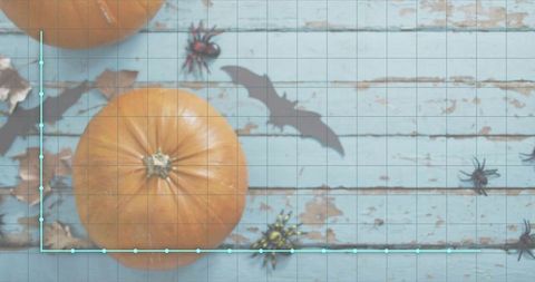 Rustic Pumpkin Flatlay with Paper Bats and Spiders on Weathered Blue Wood for Halloween