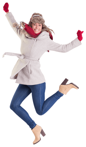 Joyful Blond Woman in Winter Clothes Jumping Transparent Background