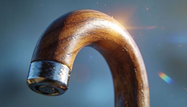 Gleaming wooden cane handle with chrome ferrule, warm lens flare and sparks
