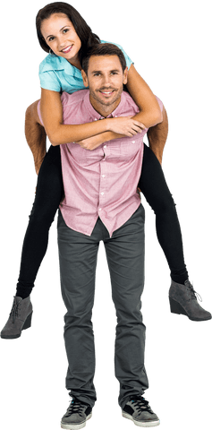 Happy couple embracing love with playful piggyback ride transparent background