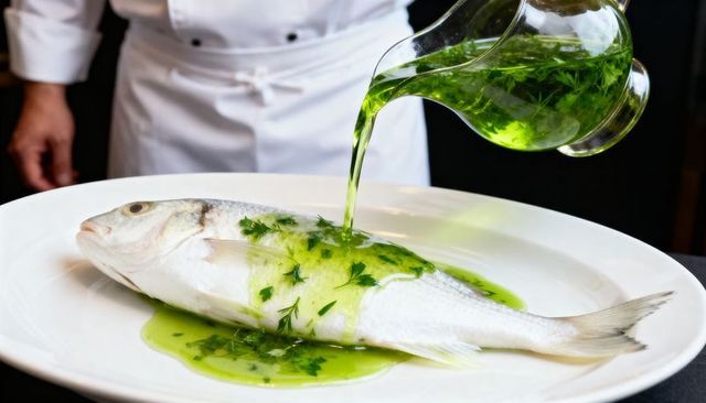 Chef pouring vibrant green herb oil over whole sea bream on white plate for serving