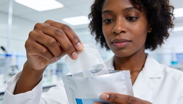 Woman scientist removing sheet mask from foil sachet during skincare product research
