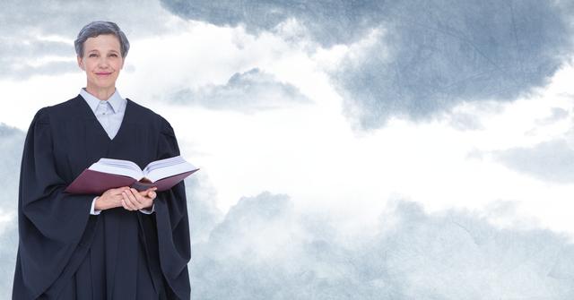 Digital composite of Judge holding book in front of sky clouds