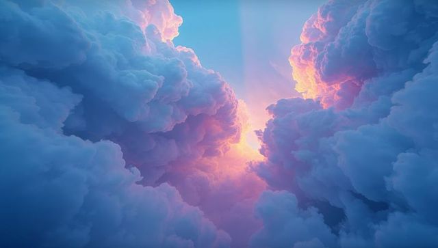 Vibrant Sunset Amidst Majestic Cumulus Clouds in Calm Sky