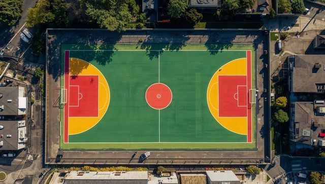 Aerial colorful urban basketball court with geometric paint, fenced neighborhood sports