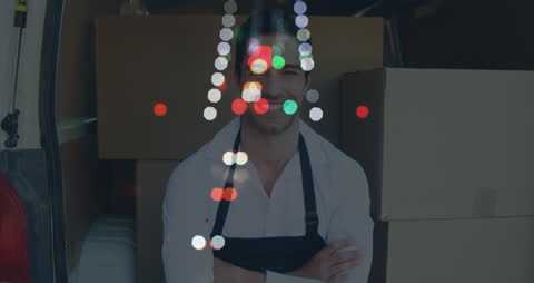 Smiling Delivery Person with Superimposed Urban Road Lights