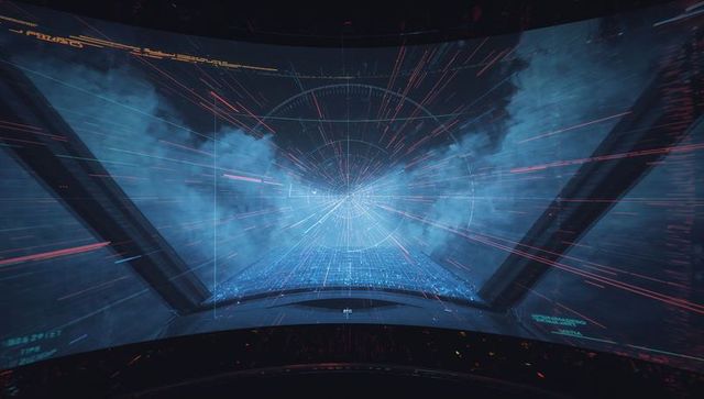 Cruising through warp tunnel with holographic hud in starship cockpit bridge