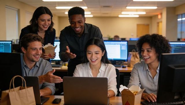 Multicultural team collaborating around laptop in open-plan office during takeout lunch