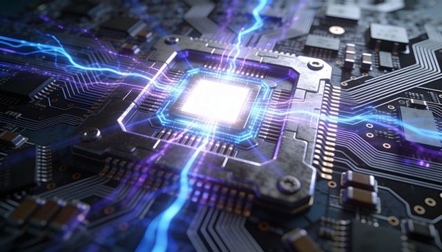 Glowing Microprocessor Emitting Neon Energy Arcs on Motherboard PCB with Bracket Screws