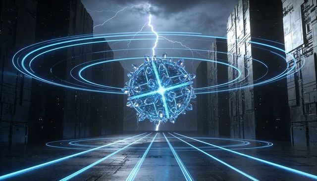 Hovering crystal orb emitting blue crosscore light and orbiting rings over cyber vault