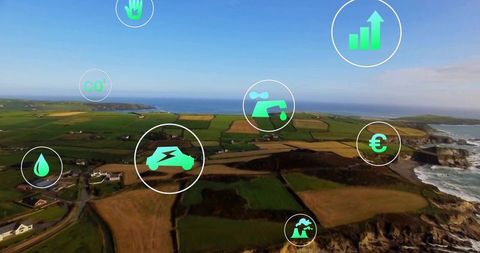 Aerial View of Farmland with Digital Sustainability Overlays
