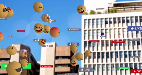 Emojis and Social Media Icons over Urban Skyline