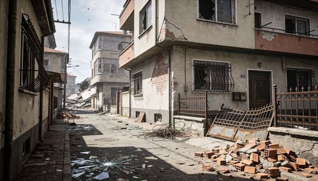 Deserted urban alley showing crumbling facades, broken windows and scattered bricks