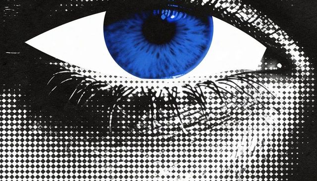Single eye highlighting cobalt-blue iris with halftone dots and pop art monochrome contrast
