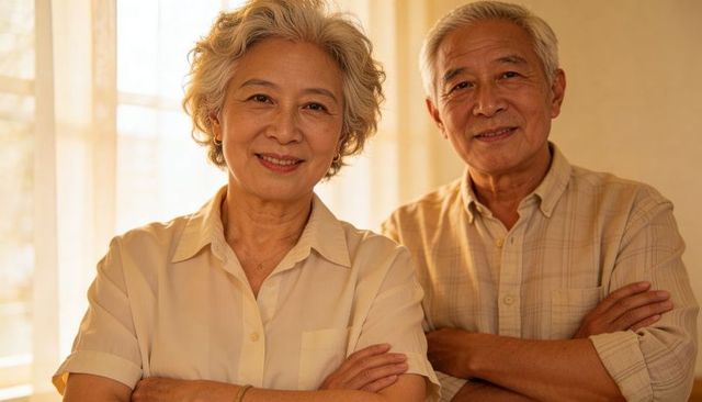 Smiling senior asian couple standing with arms crossed in warm sunlit home interior