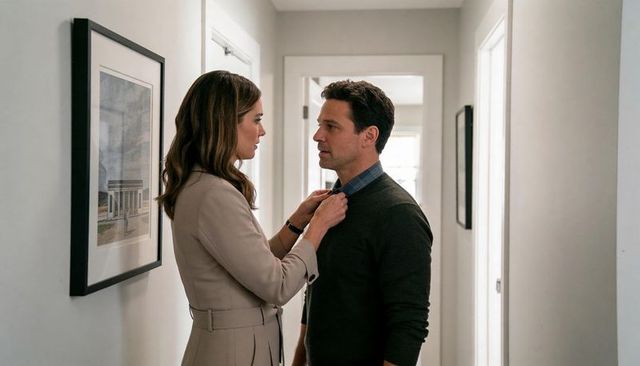 Woman adjusting man collar in hallway intimate couple preparing to leave home