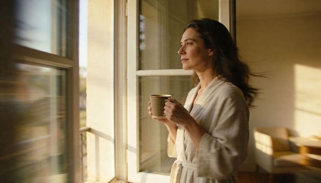 Woman standing at open window holding mug, sunlit morning contemplation