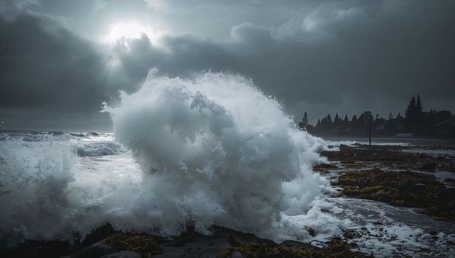 Dramatic Ocean Waves Crashing on Coastal Rocks in Stormy Weather