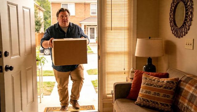 Carrying cardboard box through front door entering suburban home with warm living room interior