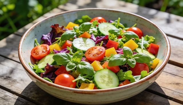 Serving sunlit garden salad with cherry tomatoes cucumber basil in ceramic bowl