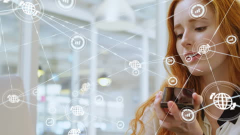 Businesswoman Using Smartphone with Global Network Connections