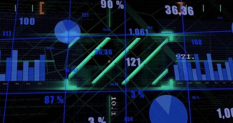 Displaying neon futuristic analytics dashboard with glowing diagonal bars labeled 121