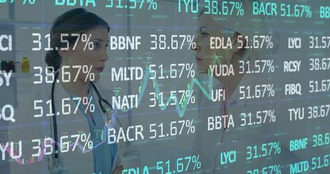 Doctors in Professional Discussion Amid Financial Data Overlay