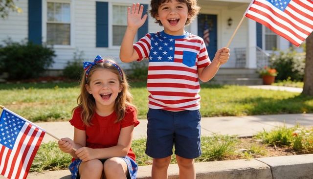 Smiling kids waving american flags on suburban curb celebrating independence day parade