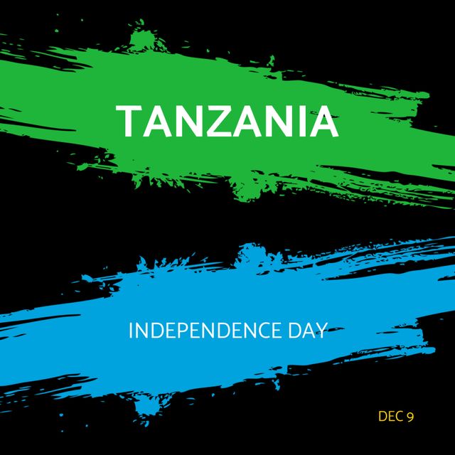 Illustration features an eye-catching design with the text 'Tanzania' and 'Independence Day' along with the date December 9 in vibrant green and blue brush strokes on a black background. Ideal for use in promotional materials, educational content, social media posts, and event announcements celebrating Tanzania's independence.