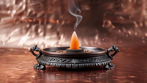 Intricately etched incense burner emitting spiraling smoke on copper table