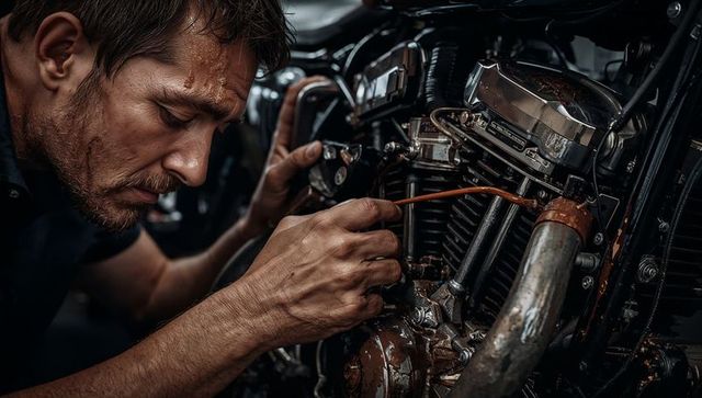 Mechanic repairing vintage motorcycle engine with spark plug wire, closeup hands and grease