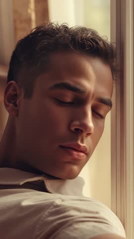 Sunlit vertical video of man leaning on window frame, eyes closing, serene morning portrait
