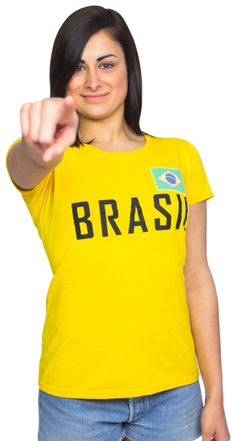 Smiling Woman Pointing in Transparent Brazil T-Shirt, Celebrating Football - Download Free Stock Videos Pikwizard.com