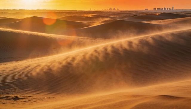 Sunset illuminating shifting sand dunes with rippled crests and distant city skyline