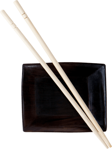 Minimalist design with chopsticks on black square plate, transparent background
